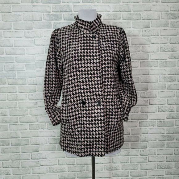 Vintage 60s Learsi Pink Black‎ Houndstooth Wool Tweed Swing Coat Lined - Picture 1 of 12